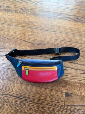 Mywalit Unisex Colorblock Navy Crossbody Belt Bag with Red & Yellow Accents
